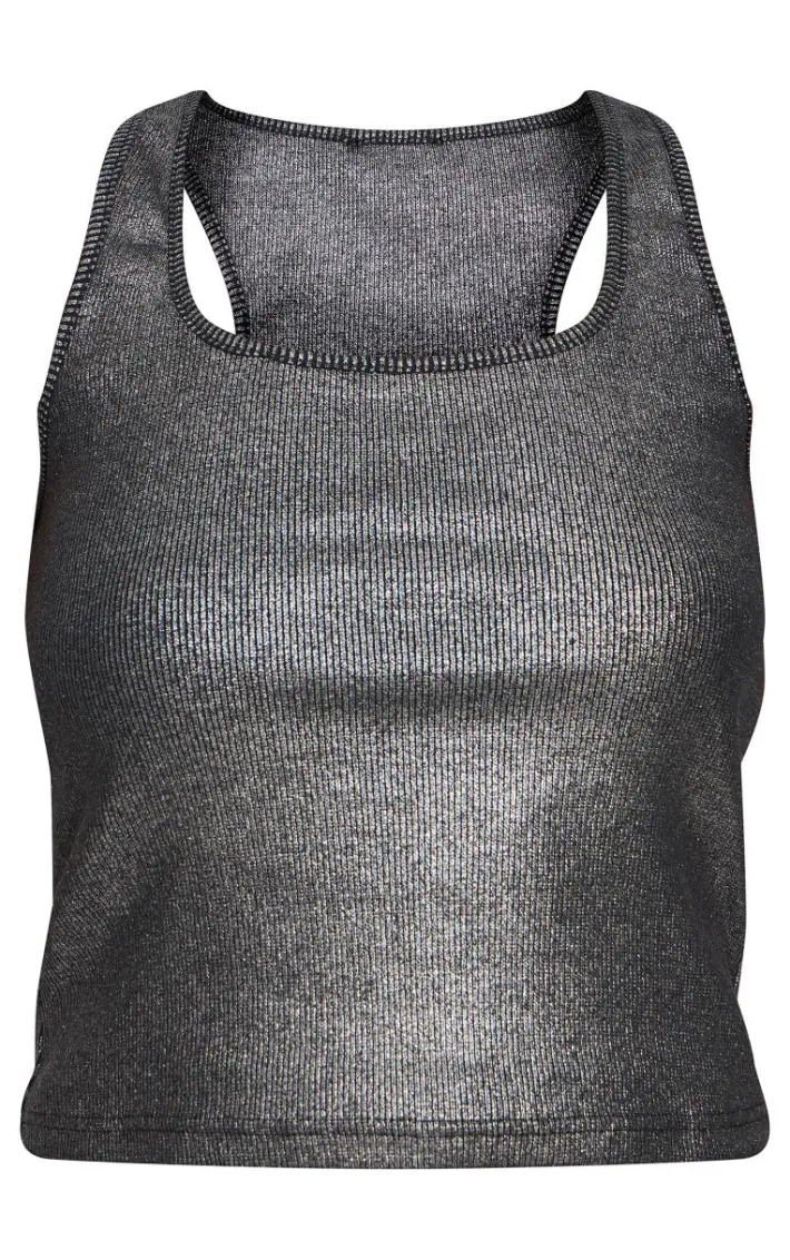 Silver Metallic Ribbed Scoop Neck Long Vest Top
