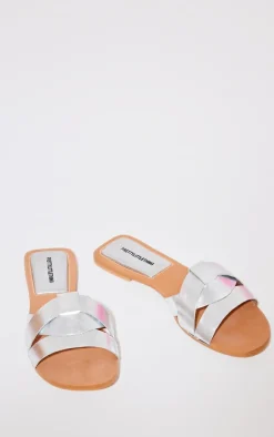 Silver Metallic Round Toe Real Leather Strap Mule Flat Sandals