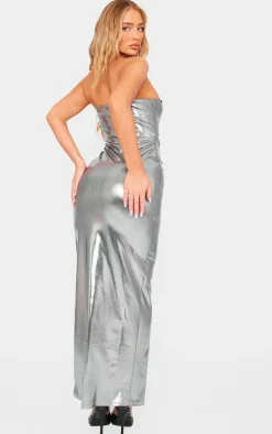 Silver Metallic Slinky Bandeau Bodycon Maxi Dress