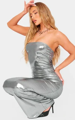 Silver Metallic Slinky Bandeau Bodycon Maxi Dress