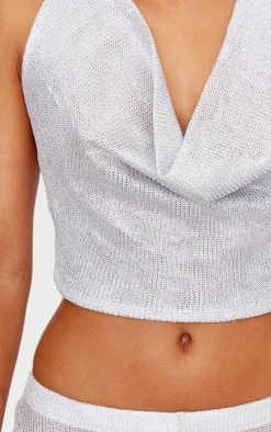 Silver Metallic Textured Sheer Cowl Neck Top