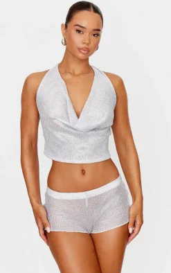 Silver Metallic Textured Sheer Hotpants