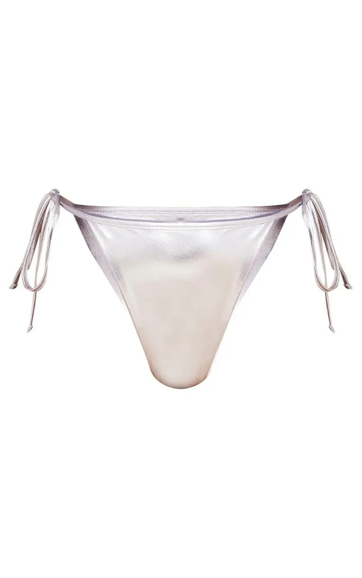 Silver Metallic Tie Side Bikini Bottom