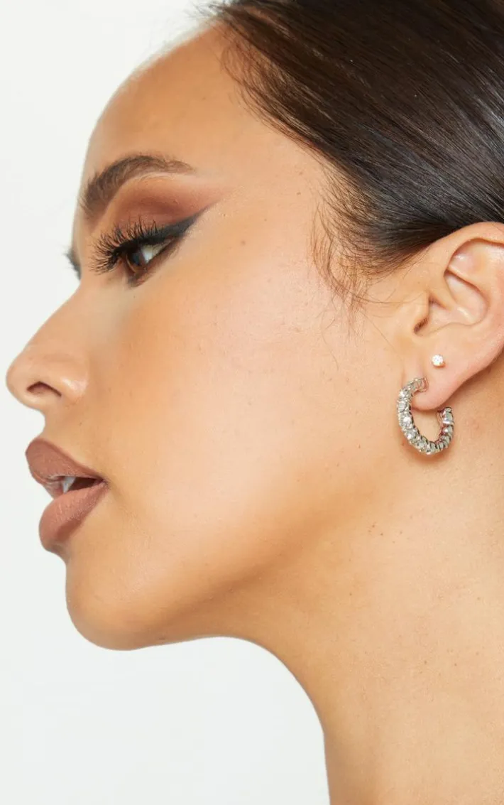 Silver Mini Diamante Hoop Earrings