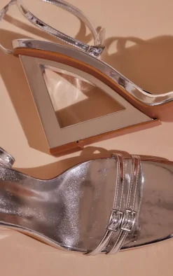 Silver Mirror Square Cut Out Wedge Heel Double Buckle Strap Sandals