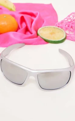 Silver Mirrored Lens Rectangular Sporty Visor Sunglasses