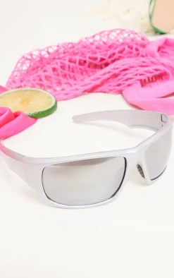 Silver Mirrored Lens Rectangular Sporty Visor Sunglasses