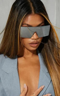 Silver Mirrored Square Frame Visor Sunglasses