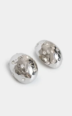 Silver Molten Diamante Pebble Statement Earrings