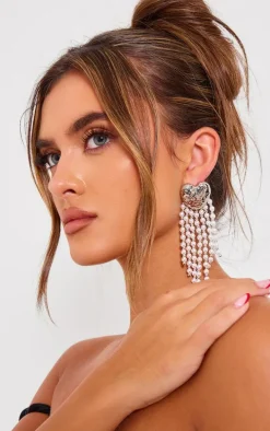 Silver Molten Heart Tassel Pearl Statement Earrings