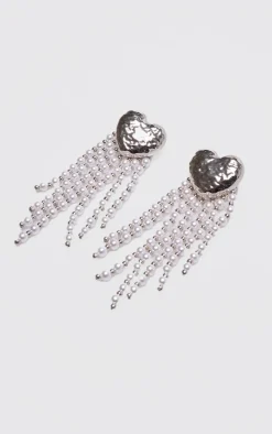 Silver Molten Heart Tassel Pearl Statement Earrings