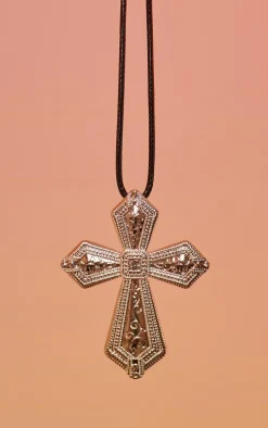 Silver Oversized Cross Cord Necklace