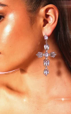 Silver Oversized Cross Jeweled Earrings