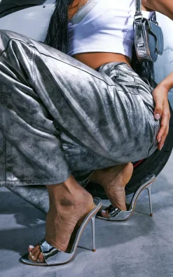 Silver Pointed PU Mini Strap High Stiletto Heeled Mules