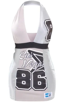 Silver Printed Halterneck Plunge Bodycon Dress