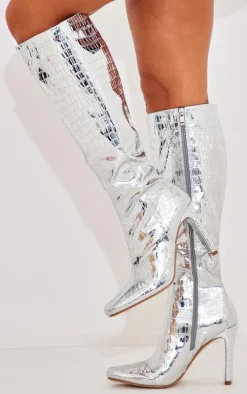 Silver PU Croc Square Toe Flat High Heeled Knee Boots
