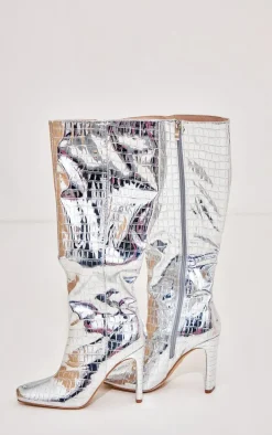 Silver PU Croc Square Toe Flat High Heeled Knee Boots