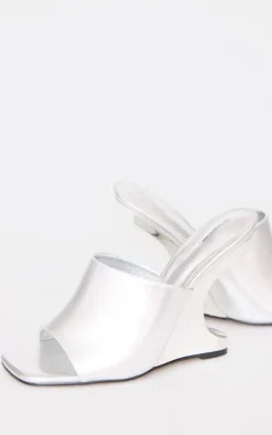 Silver Pu Cut Out Heeled Mule Wedges