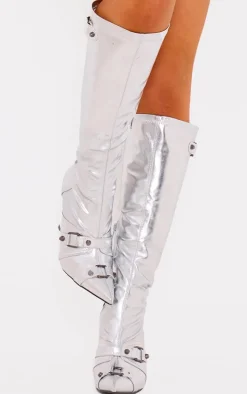 Silver Pu Metallic Buckle Detail High Heeled Knee Boots