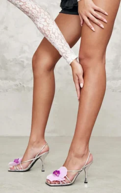 Silver PU Pink Flower Strappy Sling Back Heeled Sandals