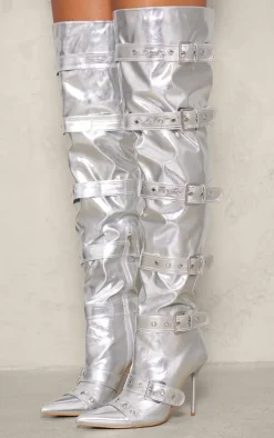 Silver Pu Point Toe Buckled Over The Knee Heeled Boots