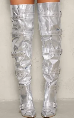 Silver Pu Point Toe Buckled Over The Knee Heeled Boots