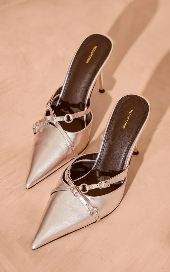 Silver Pu Point Toe Buckle Strap Heeled Mules