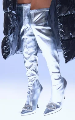 Silver PU Point Toe Diamante Buckle Over The Knee High Heeled Boots