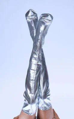 Silver PU Point Toe Diamante Buckle Over The Knee High Heeled Boots