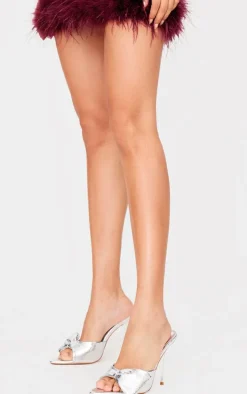 Silver PU Point Toe Half Bow Heeled Mules