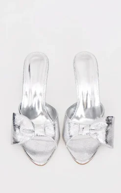 Silver PU Point Toe Half Bow Heeled Mules