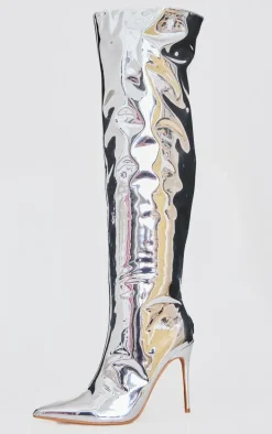 Silver PU Point Toe Over The Knee High Stiletto Heeled Boots