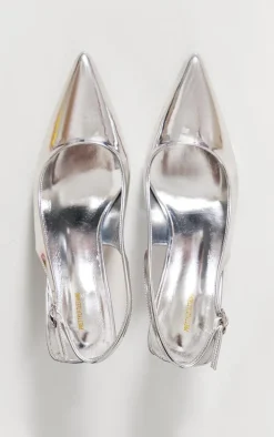 Silver PU Point Toe Sling Back Mid Heeled Courts