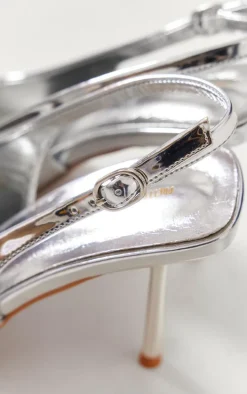 Silver PU Point Toe Sling Back Mid Heeled Courts