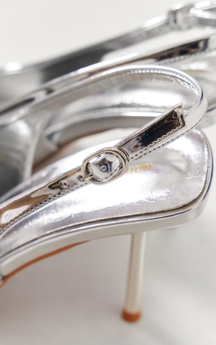Silver PU Point Toe Sling Back Mid Heeled Courts