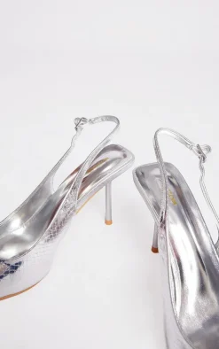 Silver PU Point Toe Snake Sling Back Mid Heeled Courts
