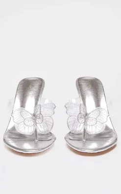 Silver PU Round Toe Butterfly Heeled Mules