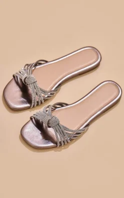 Silver Pu Round Toe Diamante Knot Strap Flat Sandals