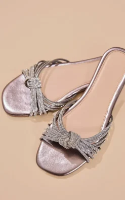 Silver Pu Round Toe Diamante Knot Strap Flat Sandals