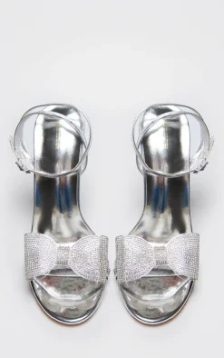 Silver PU Round Toe Diamante Bow Heeled Sandals