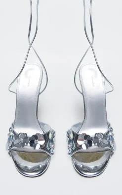 Silver PU Round Toe Sequin Flower Lace Up Heeled Sandals