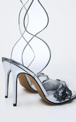 Silver PU Round Toe Sequin Flower Lace Up Heeled Sandals