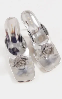 Silver PU Square Thong Toe Diamante Flower Heeled Mules
