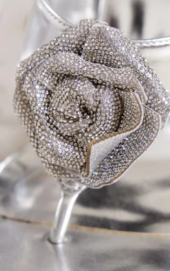 Silver PU Square Thong Toe Diamante Flower Heeled Mules