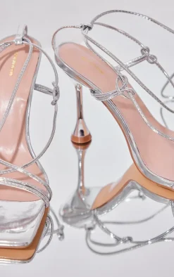 Silver PU Square Toe Cross Strap Lace Up Heeled Sandals