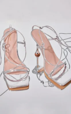 Silver PU Square Toe Cross Strap Lace Up Heeled Sandals