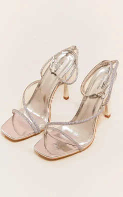 Silver PU Square Toe Diamante Asymmetric Strap Heeled Sandals
