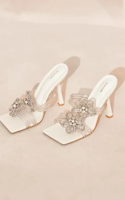 Silver Pu Square Toe Diamante Flower Heeled Mules