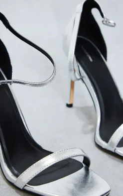 Silver PU Square Toe Heeled Sandals