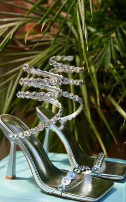 Silver PU Square Toe Metallic Crystal Spiral Heeled Sandals